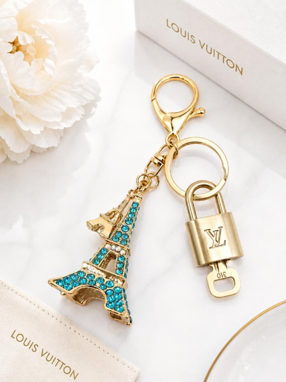 Authentic Louis Vuitton Gold Padlock 🔑 Unbranded Eiffel Tower Keychain Charm